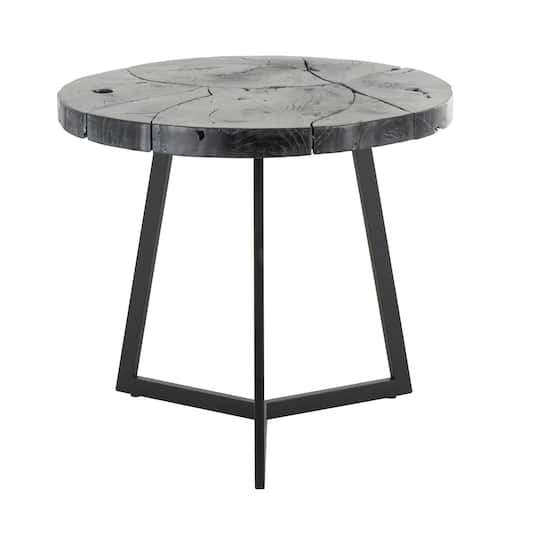21.5" Black Teak Wood Handmade Live Edge Accent Table with Black Metal Base